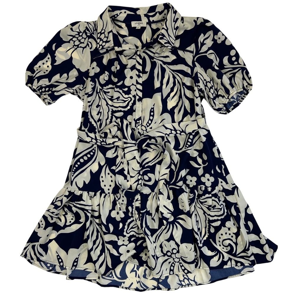 Umgee Navy Blue Cream Tropical Floral Button Down Mini Dress K7976‎ Womens Small